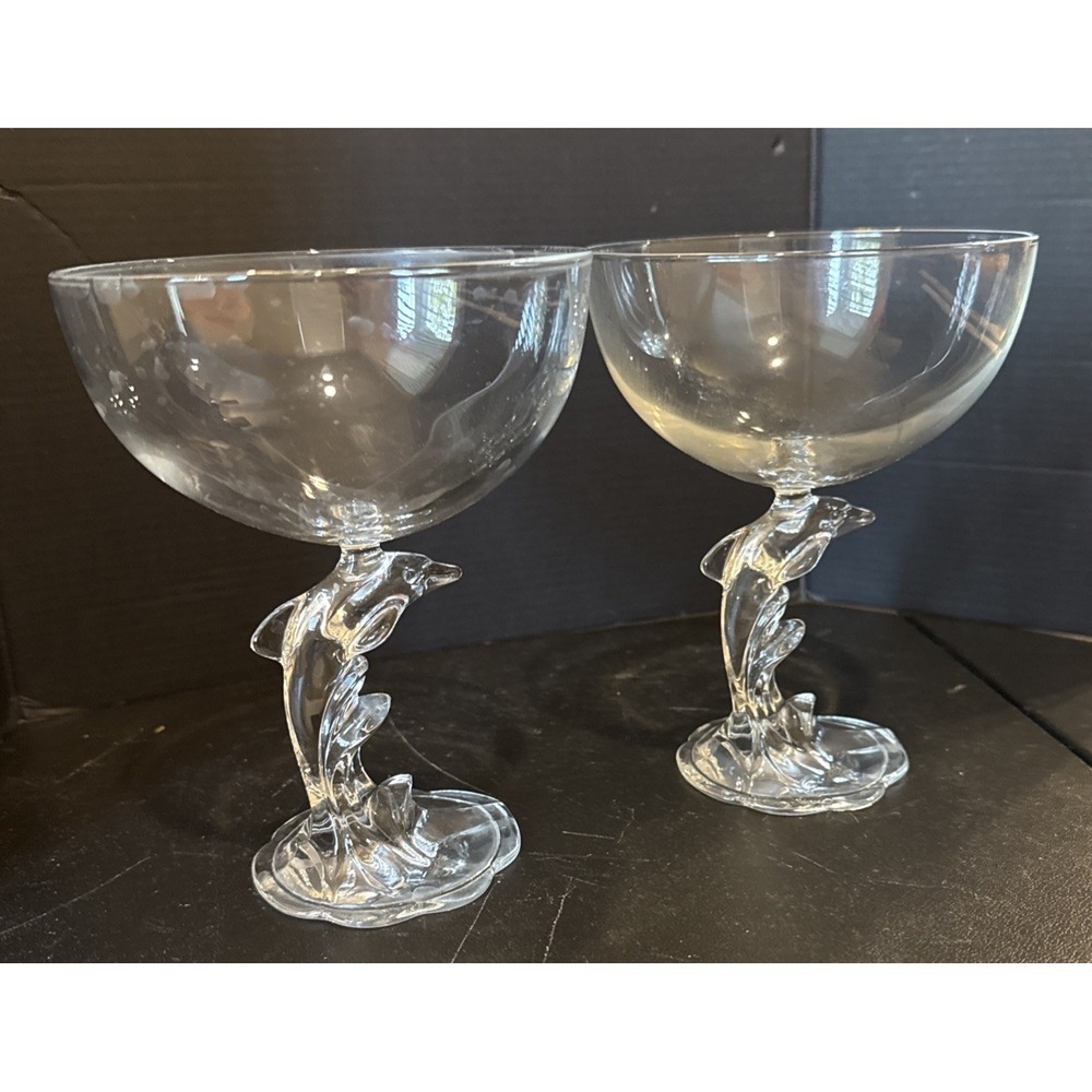 Dolphin Champagne Stem Luminarc Verrerie D'Arques Durand France Glass Set Of‎ 2
